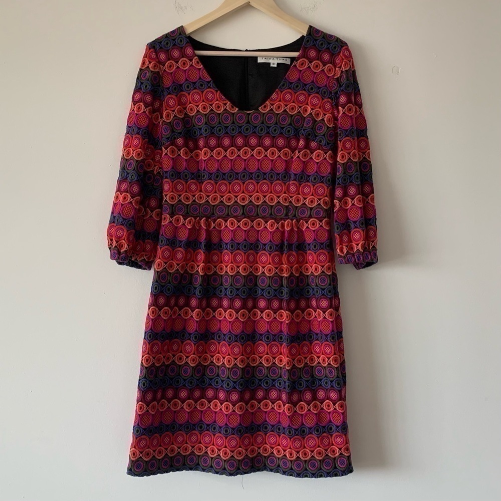 Trina Turk multicolor embroidered mesh dress. Size 8